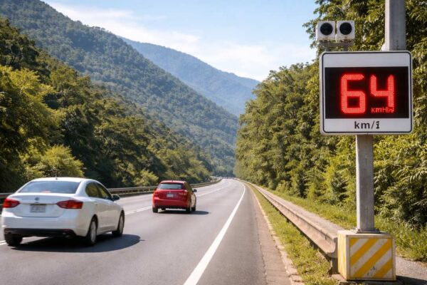 Radar de velocidade em rodovia, mostrando 64 km/h, com carros e paisagem montanhosa ao fundo.