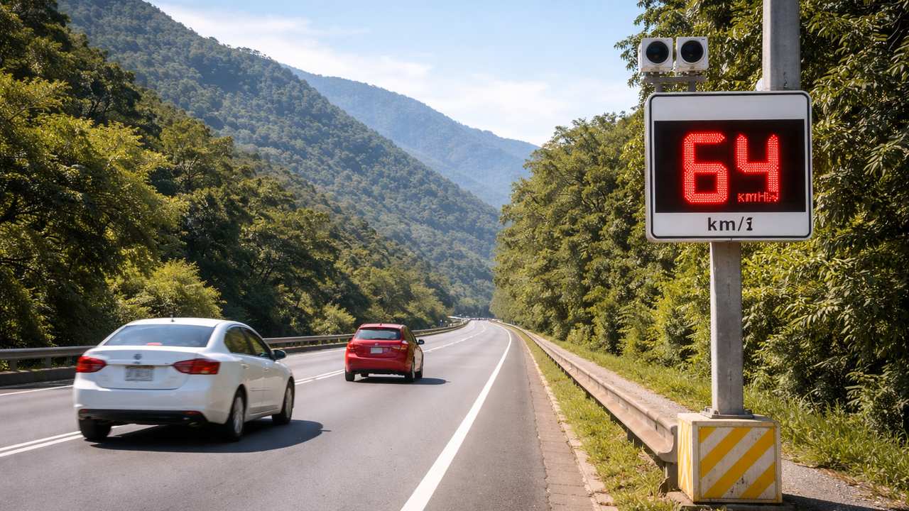 Radar de velocidade em rodovia, mostrando 64 km/h, com carros e paisagem montanhosa ao fundo.
