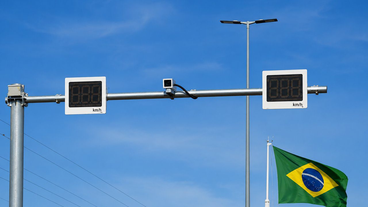Radares de velocidade na RJ-140 com tela mostrando 888 km/h e bandeira do Brasil ao fundo.