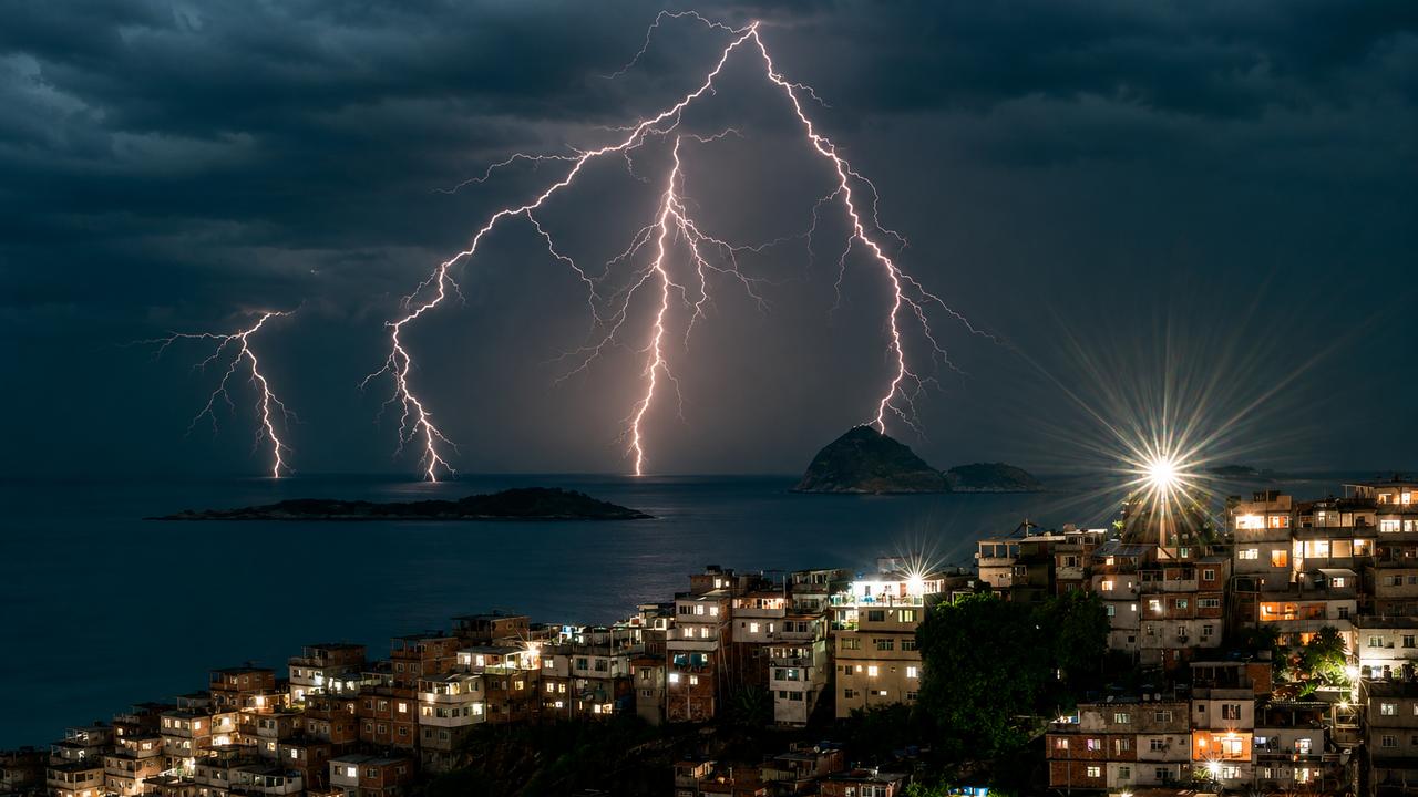 Raios iluminam o céu sobre o Rio de Janeiro durante temporal com mais de 2 mil raios registrados.