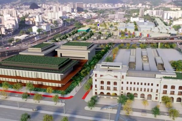 Renderização de projeto arquitetônico em área urbana, com edifícios e vegetação, em meio a discussão sobre impactos climáticos.