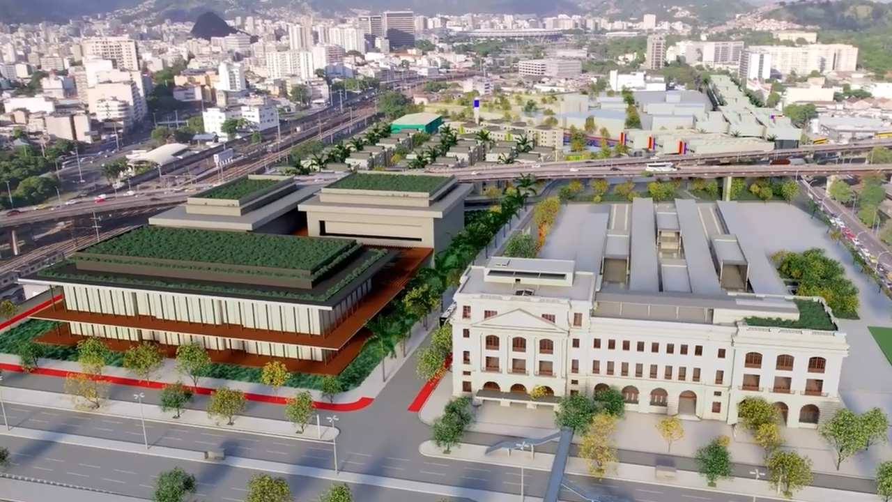 Renderização de projeto arquitetônico em área urbana, com edifícios e vegetação, em meio a discussão sobre impactos climáticos.