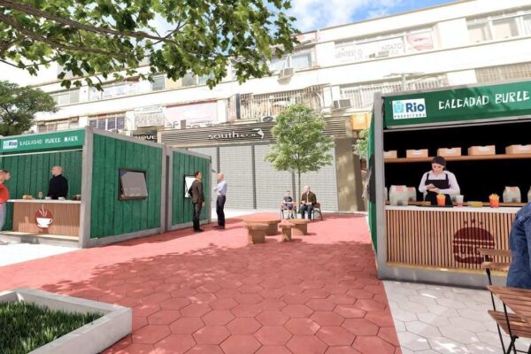 Renderização de projeto de revitalização urbana com quiosques de comida e calçada reformada no Rio de Janeiro.