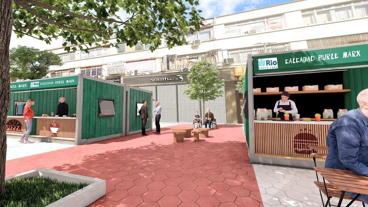 Renderização de projeto de revitalização urbana com quiosques de comida e calçada reformada no Rio de Janeiro.