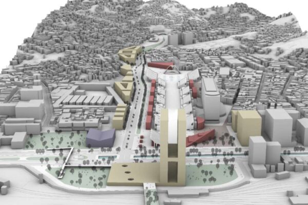 Renderização de projeto urbanístico, mostrando edifícios, vias e áreas verdes em uma cidade.