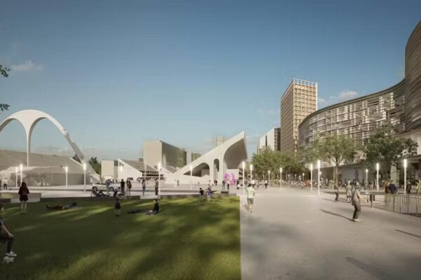 Renderização de projeto urbanístico no Centro do Rio de Janeiro, com arquitetura moderna e pessoas.