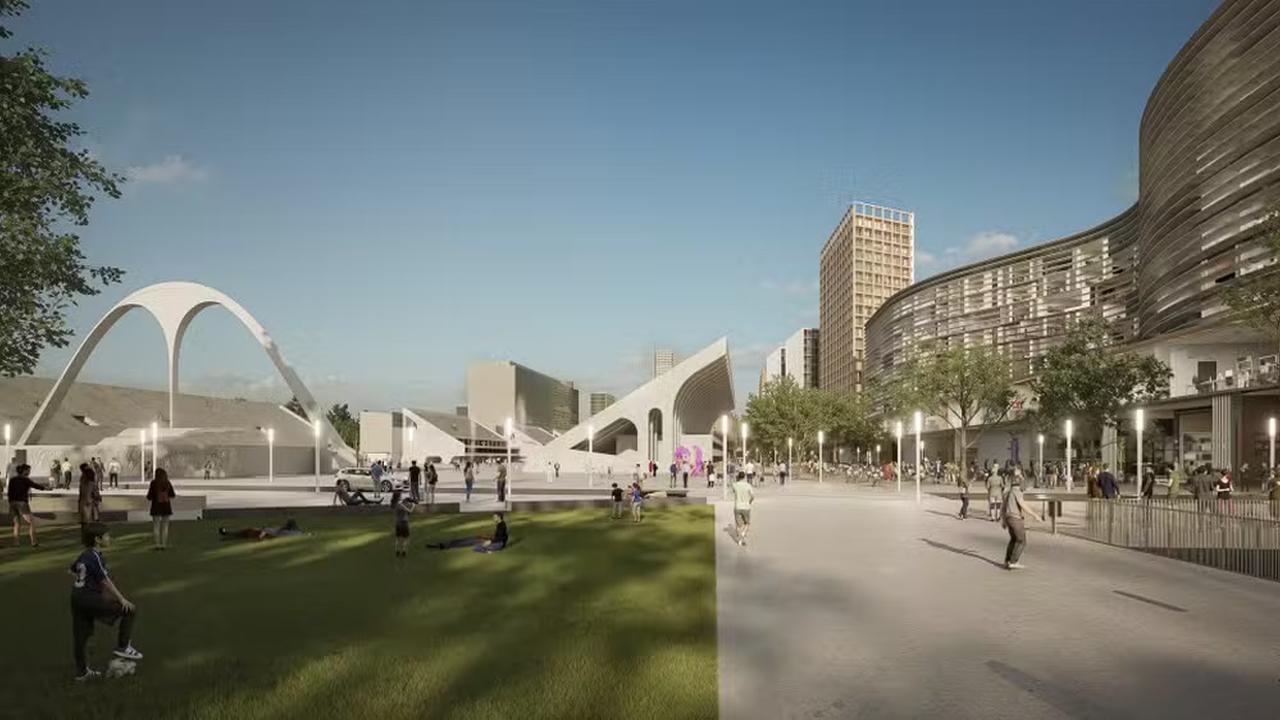 Renderização de projeto urbanístico no Centro do Rio de Janeiro, com arquitetura moderna e pessoas.