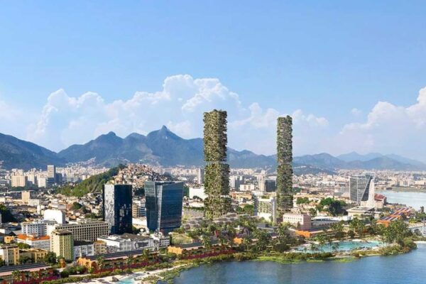 Renderização de projeto urbanístico no Rio de Janeiro, com torres e floresta urbana.