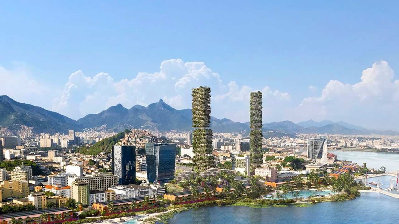 Renderização de projeto urbanístico no Rio de Janeiro, com torres e floresta urbana.