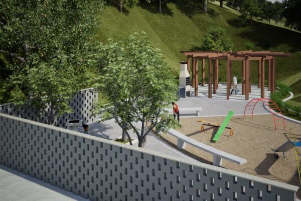 Renderização de um parque infantil em área urbanizada, com árvores, brinquedos e churrasqueira.