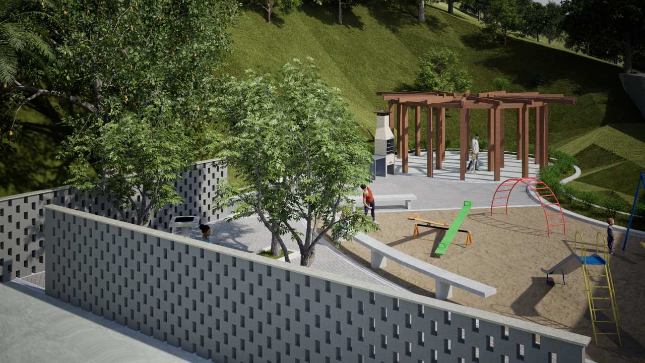 Renderização de um parque infantil em área urbanizada, com árvores, brinquedos e churrasqueira.