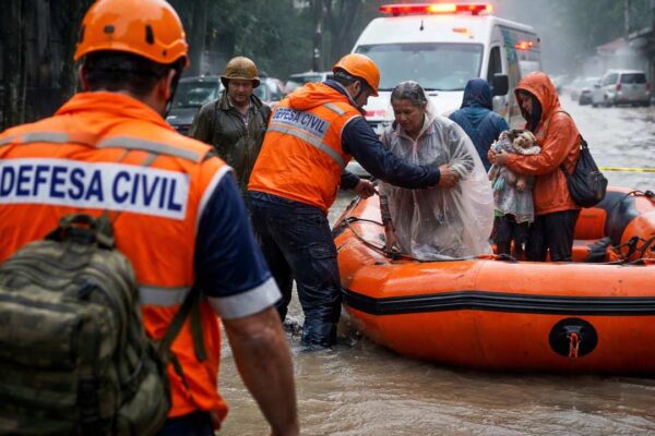 Resgate em área alagada no Rio de Janeiro: Defesa Civil auxilia moradores.