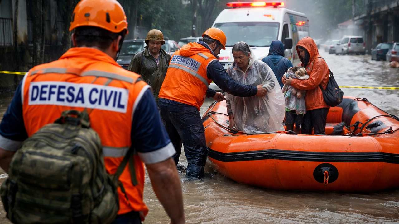Resgate em área alagada no Rio de Janeiro: Defesa Civil auxilia moradores.