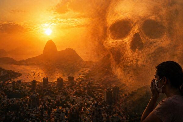Rio de Janeiro com ar seco e imagem de um crânio, pessoa de máscara