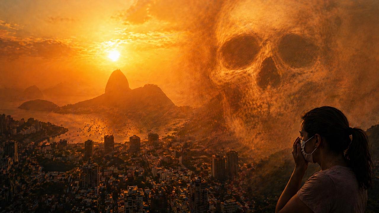 Rio de Janeiro com ar seco e imagem de um crânio, pessoa de máscara