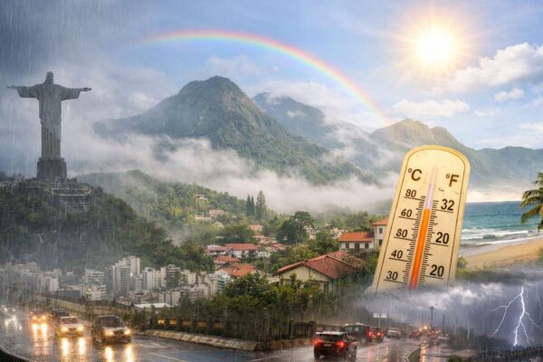 Rio de Janeiro: Cristo Redentor em meio a chuva, arco-íris e termômetro indicando calor