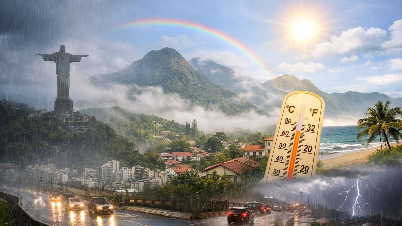 Rio de Janeiro: Cristo Redentor em meio a chuva, arco-íris e termômetro indicando calor