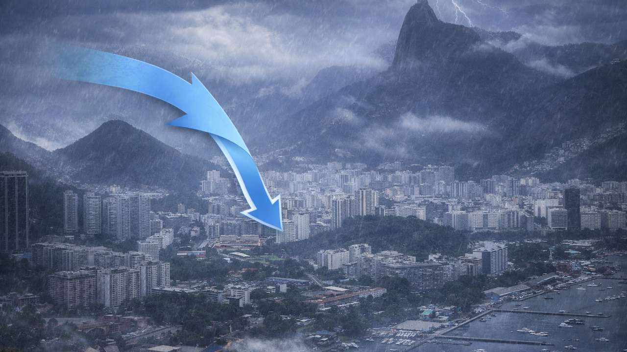 Rio de Janeiro sob chuva intensa com seta indicando queda do tempo instável