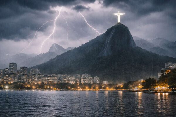 Rio de Janeiro sob tempestade: Cristo Redentor iluminado e relâmpagos.