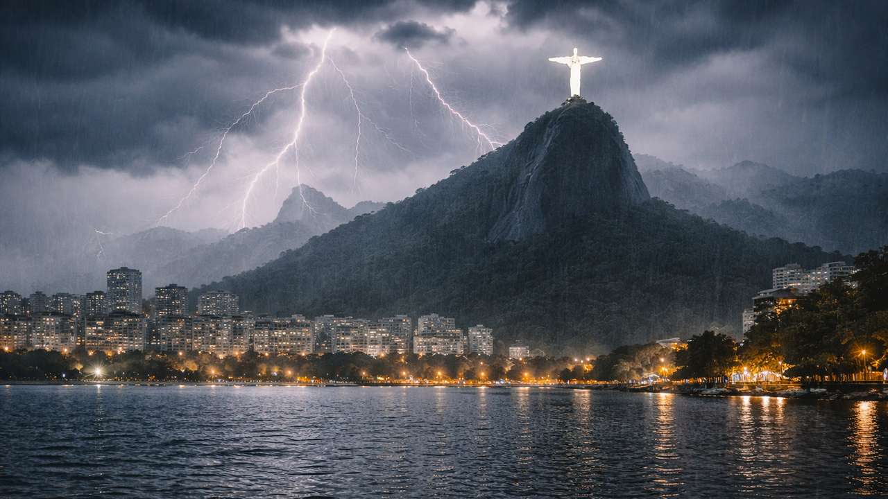 Rio de Janeiro sob tempestade: Cristo Redentor iluminado e relâmpagos.