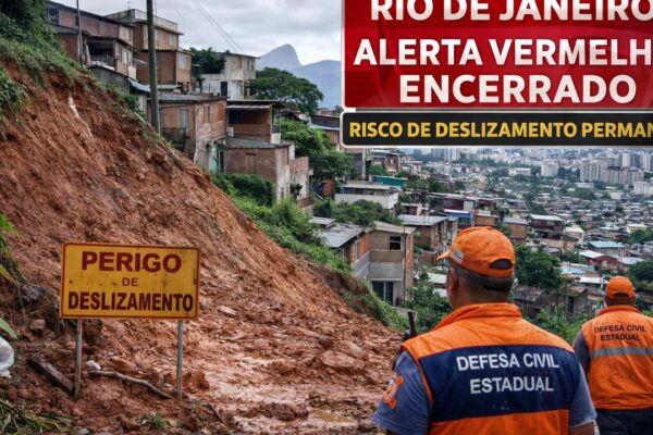 Risco de deslizamento no Rio de Janeiro após chuvas intensas. Defesa Civil monitora áreas de encosta.