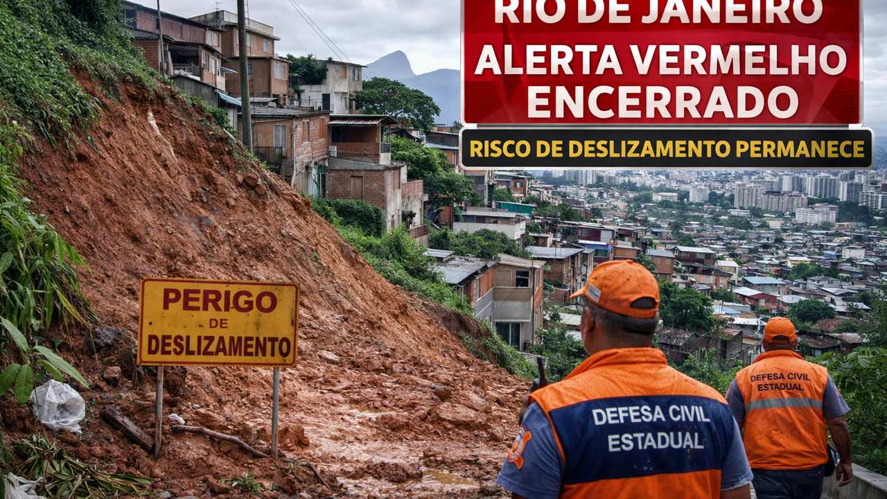 Risco de deslizamento no Rio de Janeiro após chuvas intensas. Defesa Civil monitora áreas de encosta.