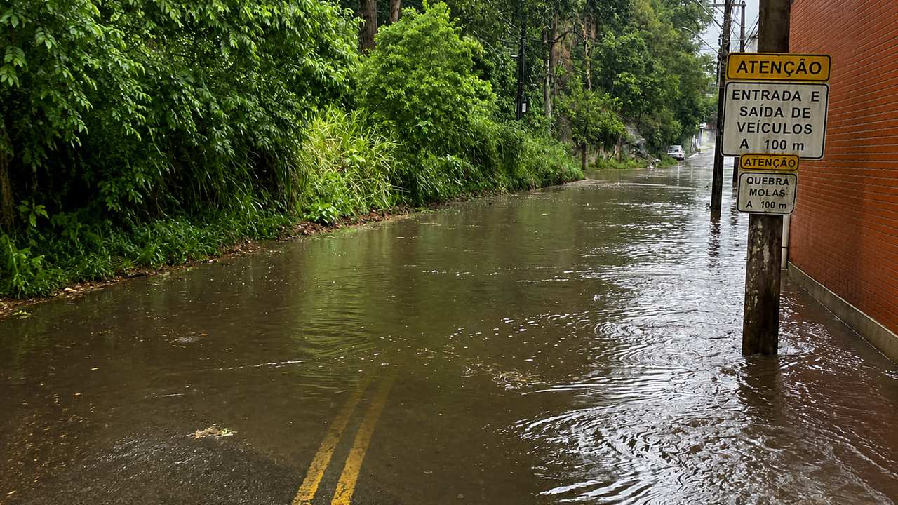 Rua alagada em Nova Friburgo após forte temporal.