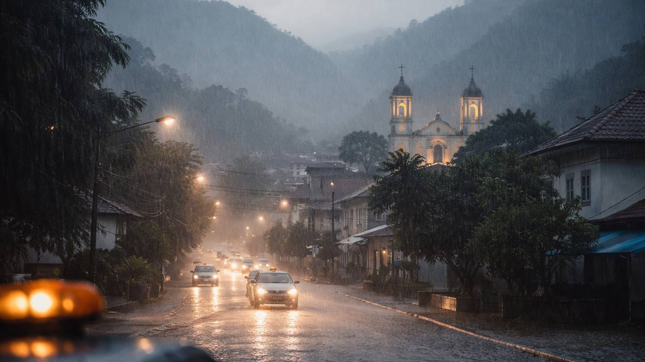 Rua molhada com carros e igreja ao fundo em dia chuvoso.