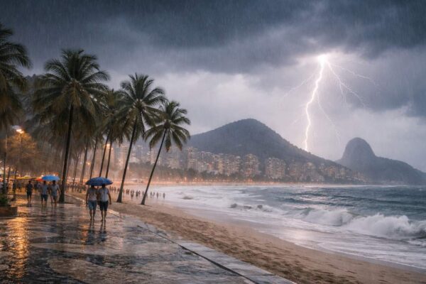 Tempestade com raios sobre a praia do Rio de Janeiro, com palmeiras e pessoas com guarda-chuvas.