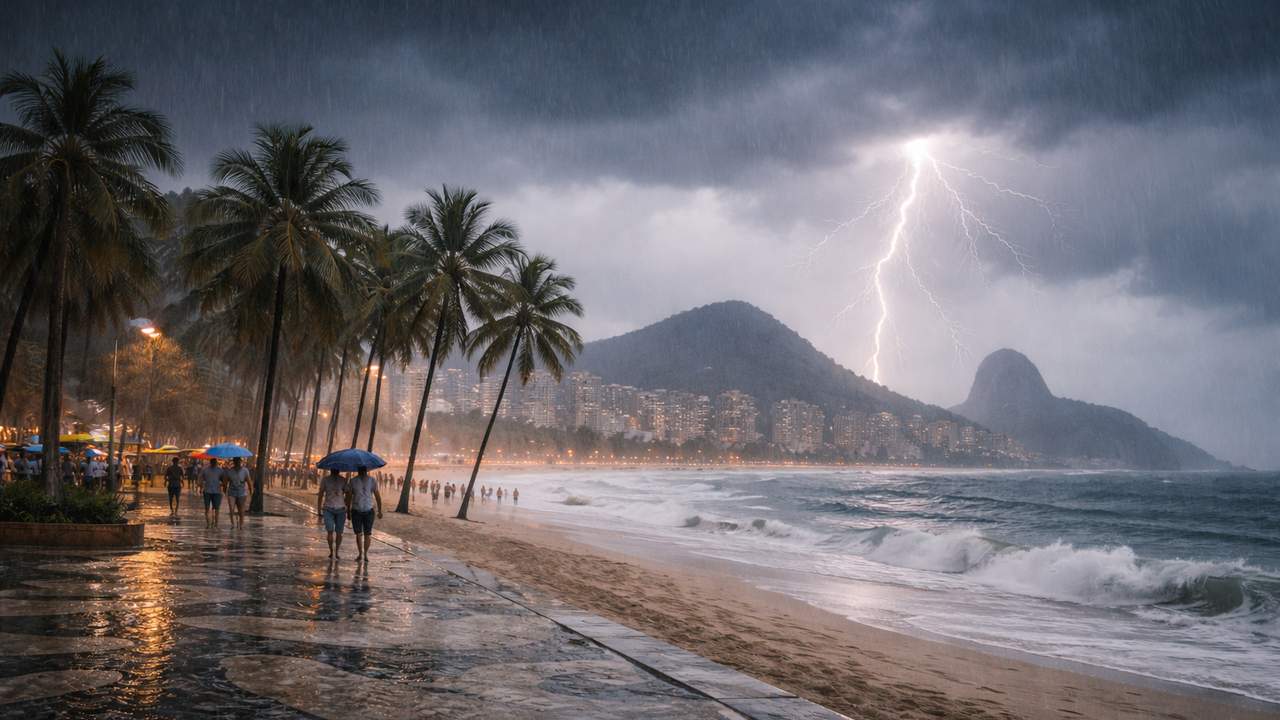 Tempestade com raios sobre a praia do Rio de Janeiro, com palmeiras e pessoas com guarda-chuvas.