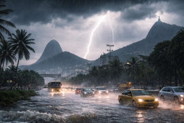Tempestade em área urbana com raios, carros na água e Cristo Redentor ao fundo.
