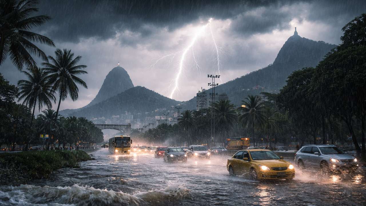 Tempestade em área urbana com raios, carros na água e Cristo Redentor ao fundo.