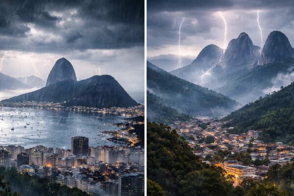 Tempestade no Rio de Janeiro: Raio atinge montanhas e cidade sob chuva.