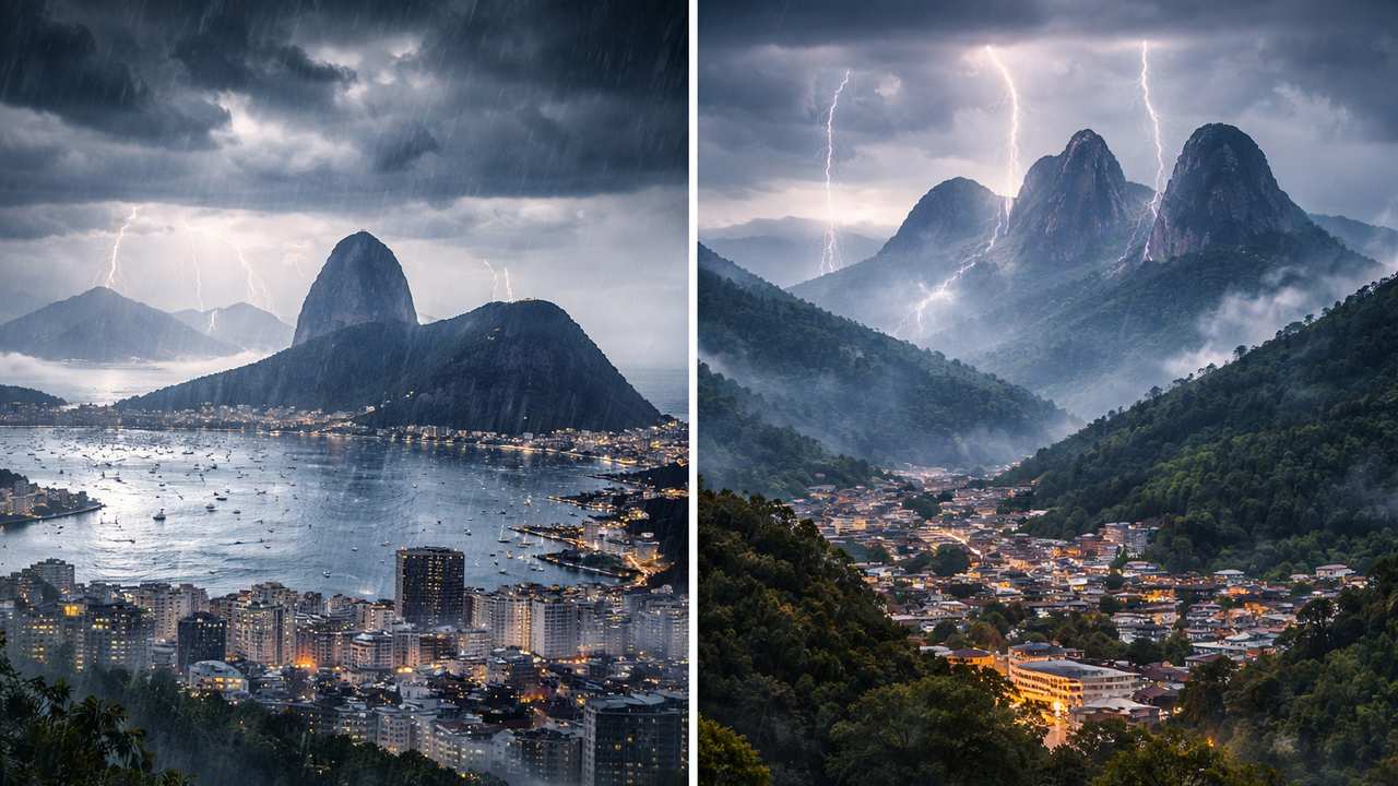 Tempestade no Rio de Janeiro: Raio atinge montanhas e cidade sob chuva.