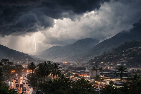 Tempestade sobre cidade entre montanhas, com raios e céu nublado.
