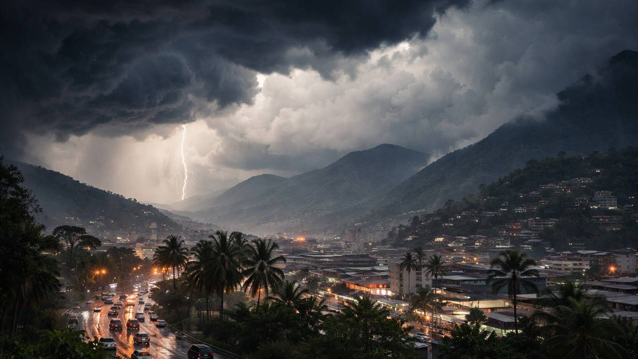 Tempestade sobre cidade entre montanhas, com raios e céu nublado.