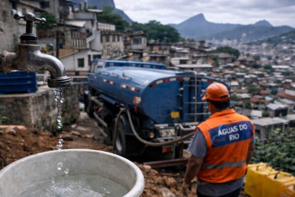 Torneira com água escorrendo, balde e caminhão-tanque em área urbana, problema de abastecimento.