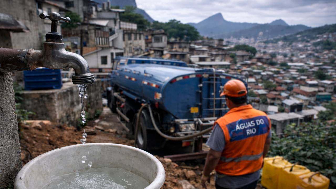 Torneira com água escorrendo, balde e caminhão-tanque em área urbana, problema de abastecimento.