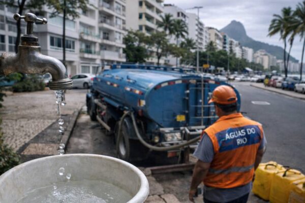 Torneira pingando água em balde, com caminhão-pipa ao fundo, em cenário urbano no Rio de Janeiro