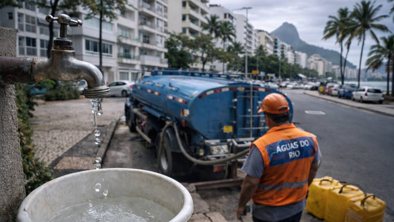Torneira pingando água em balde, com caminhão-pipa ao fundo, em cenário urbano no Rio de Janeiro