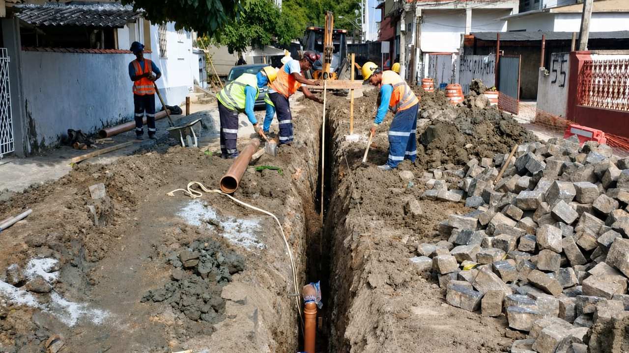 Trabalhadores consertando encanamento em via pública, com ferramentas e materiais.