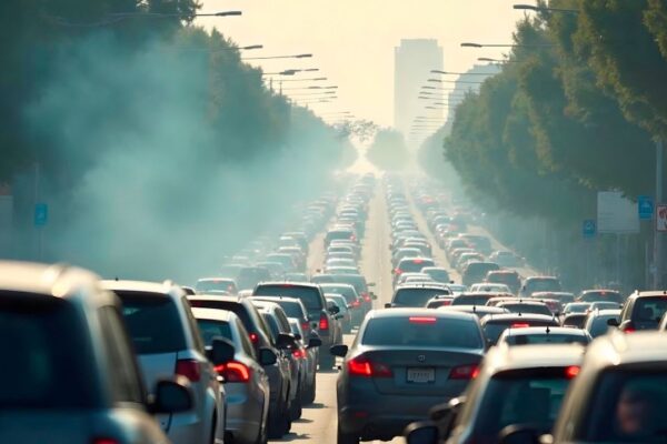 Trânsito intenso na BR-101 e Dutra, com fumaça e carros parados.