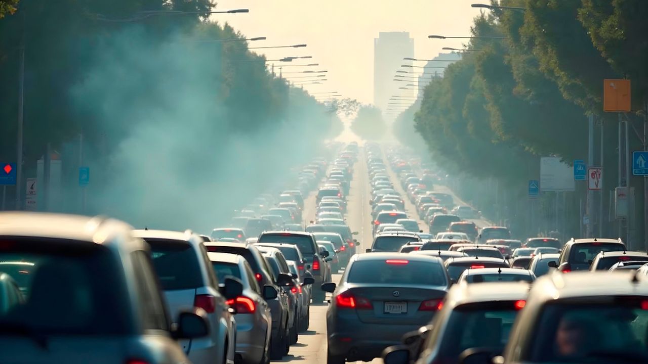 Trânsito intenso na BR-101 e Dutra, com fumaça e carros parados.