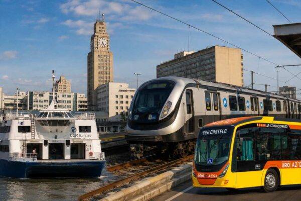 Transporte no Rio de Janeiro: barca, trem e ônibus em uma cidade em reestruturação.
