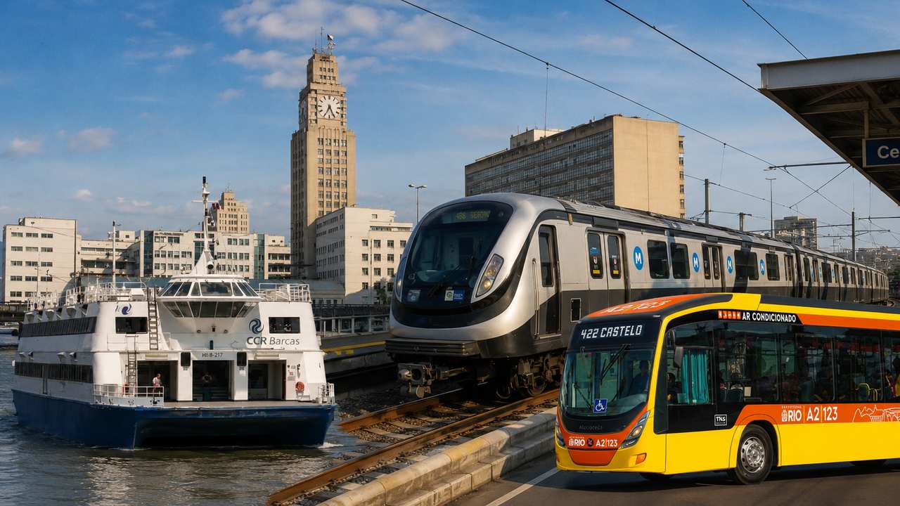 Transporte no Rio de Janeiro: barca, trem e ônibus em uma cidade em reestruturação.