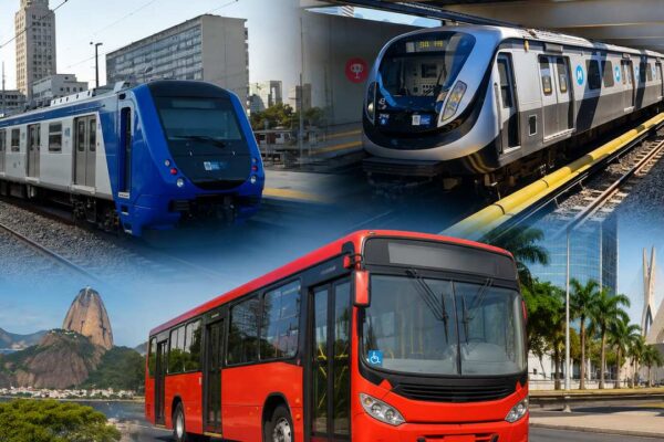Transporte público no Rio de Janeiro: trens, metrôs e ônibus, com paisagens da cidade ao fundo.