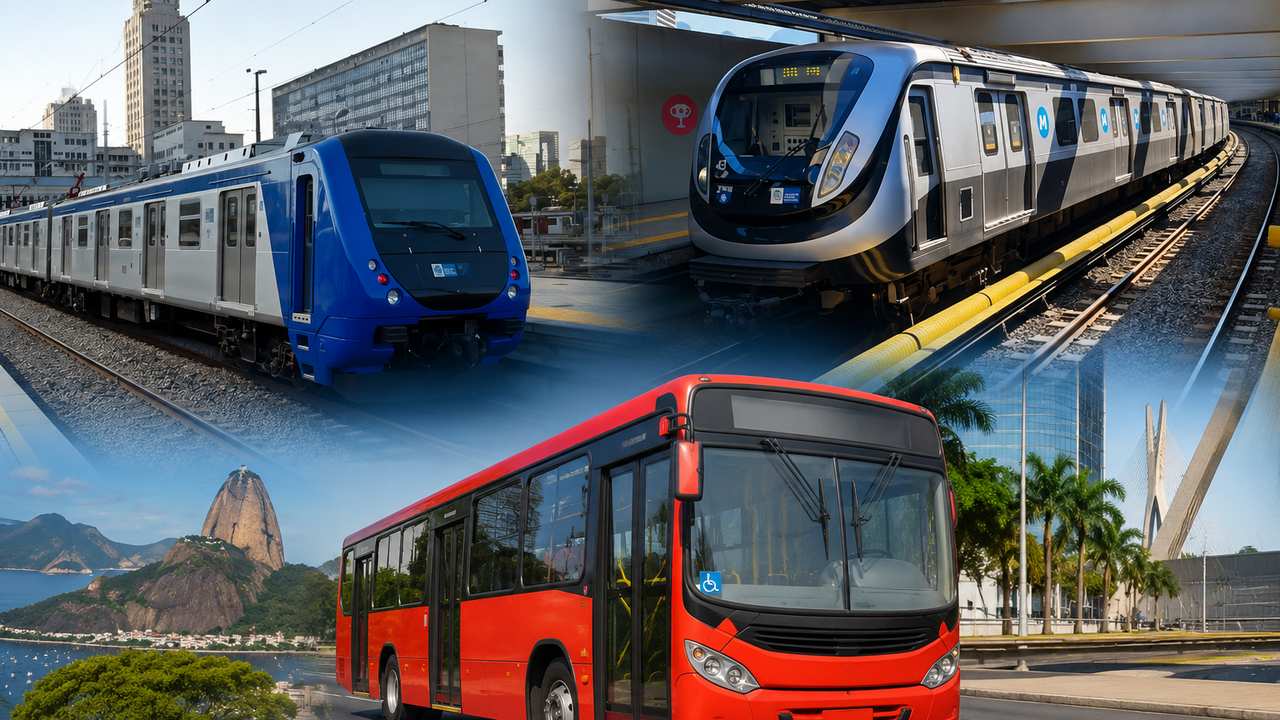 Transporte público no Rio de Janeiro: trens, metrôs e ônibus, com paisagens da cidade ao fundo.