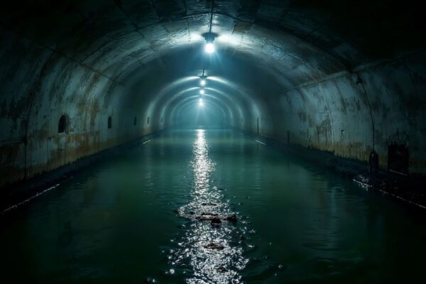 Túnel alagado e escuro com luzes, reflexo na água. Representa falta de saneamento.