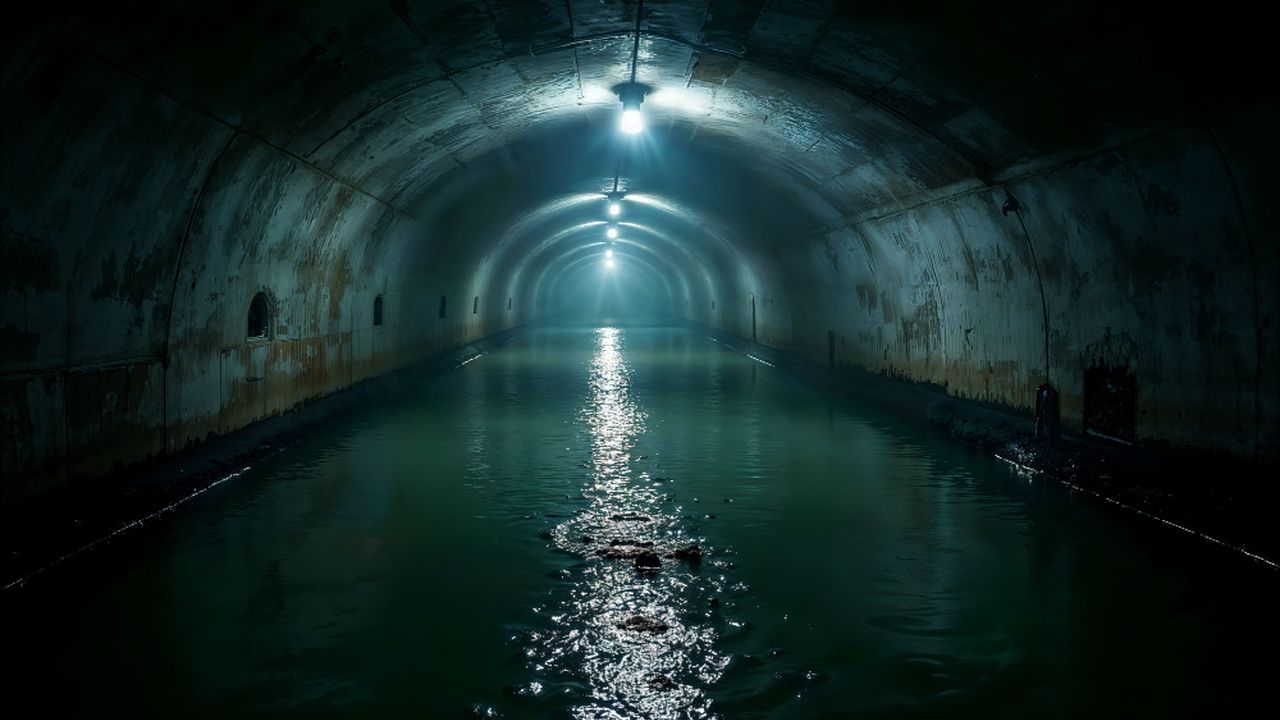 Túnel alagado e escuro com luzes, reflexo na água. Representa falta de saneamento.