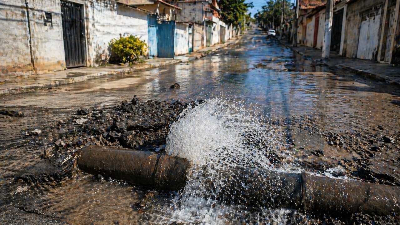 Vazamento de água em rua de cidade, mostrando impacto da falta de abastecimento.